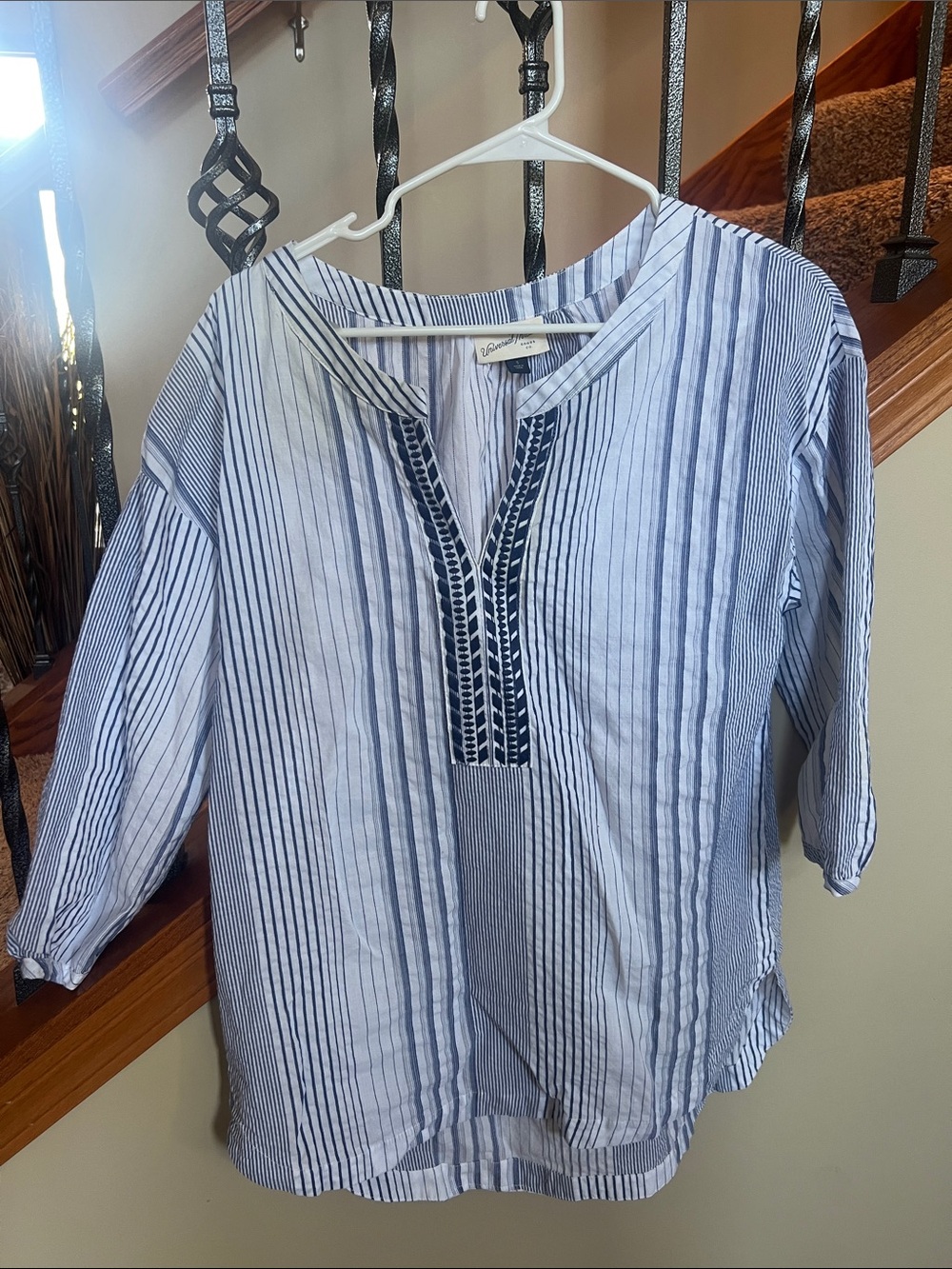 Lightweight Blue Stripe Women’s Tunic 3/4 length sleeve blouse